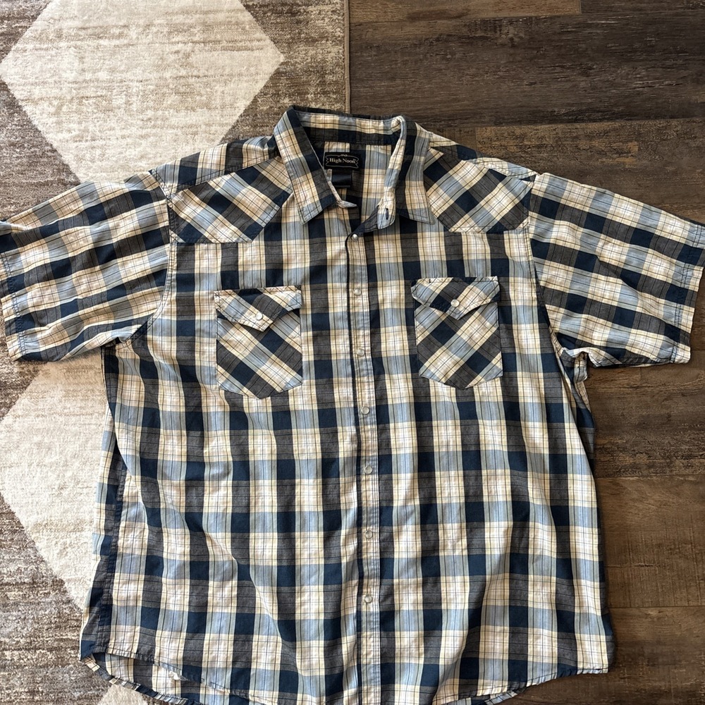 High Noon-Mens Short Sleeve Western Rodeo Pearl Snap Shirt-3XL XXXL-Blue Plaid